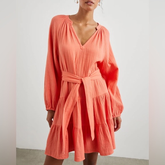 Rails Dresses & Skirts - NWT Rails Women’s Aureta V-Neck Tiered Organic Cotton Belted Dress Papaya Medium